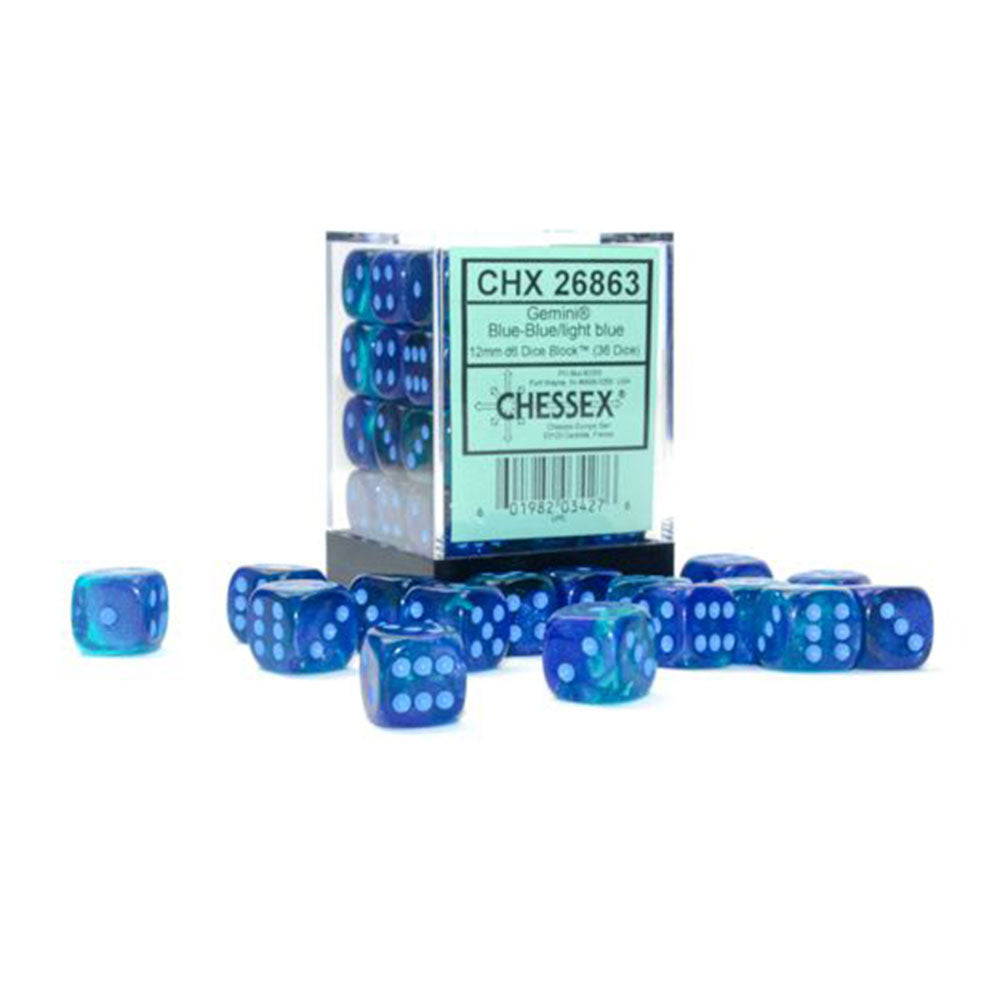 Chessex Gemini D6 Luminary Block 12mm 36pcs (Blue-Blue/Light Blue)
