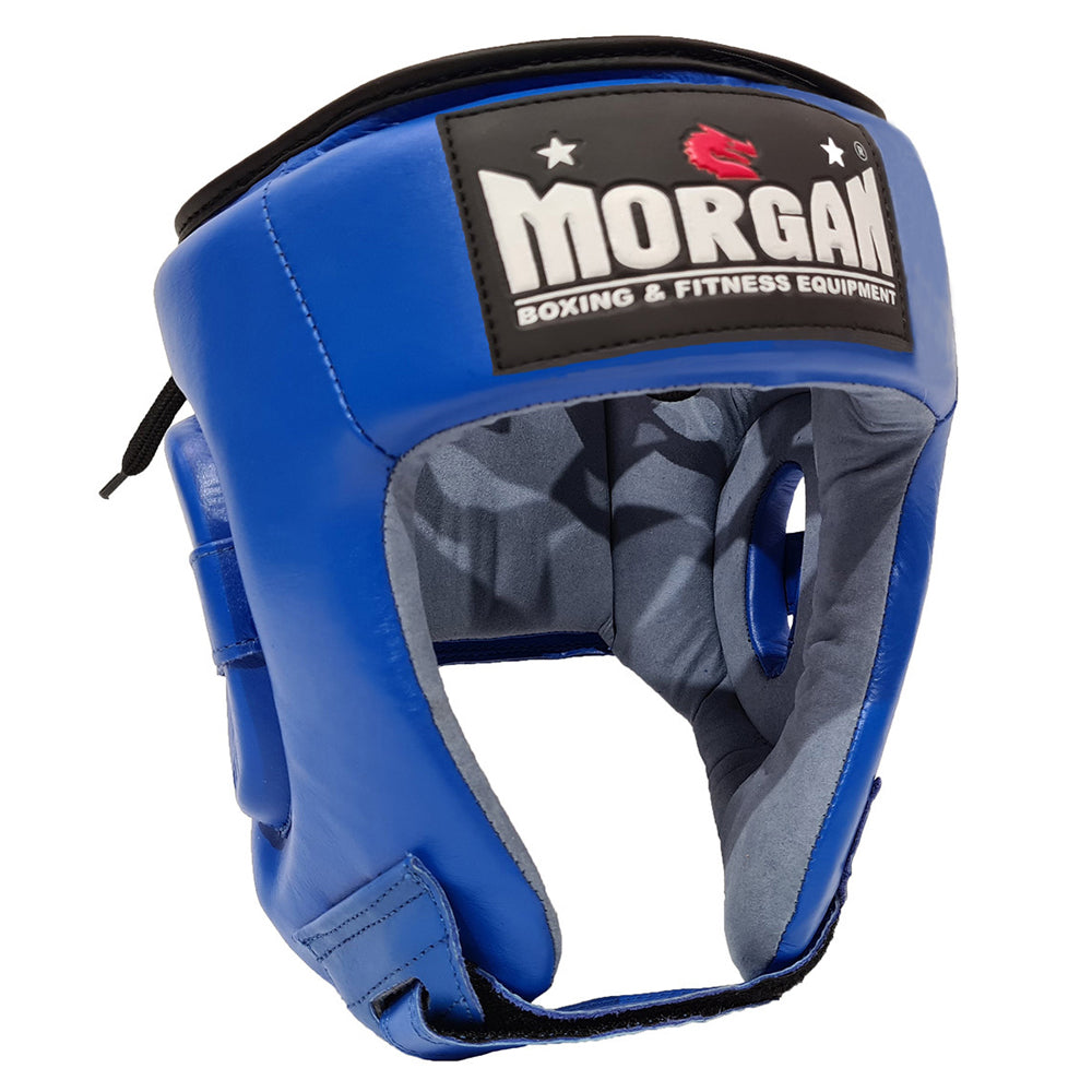 Morgan Platinum Open Face Leather Head Guard (Blue)