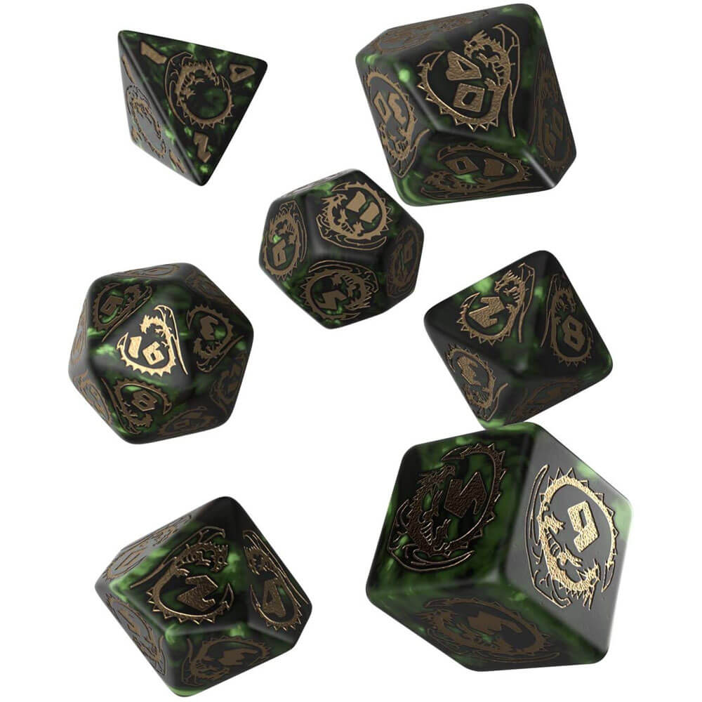 Q Workshop Dragon Bottle Green & Gold Dice Set of 7